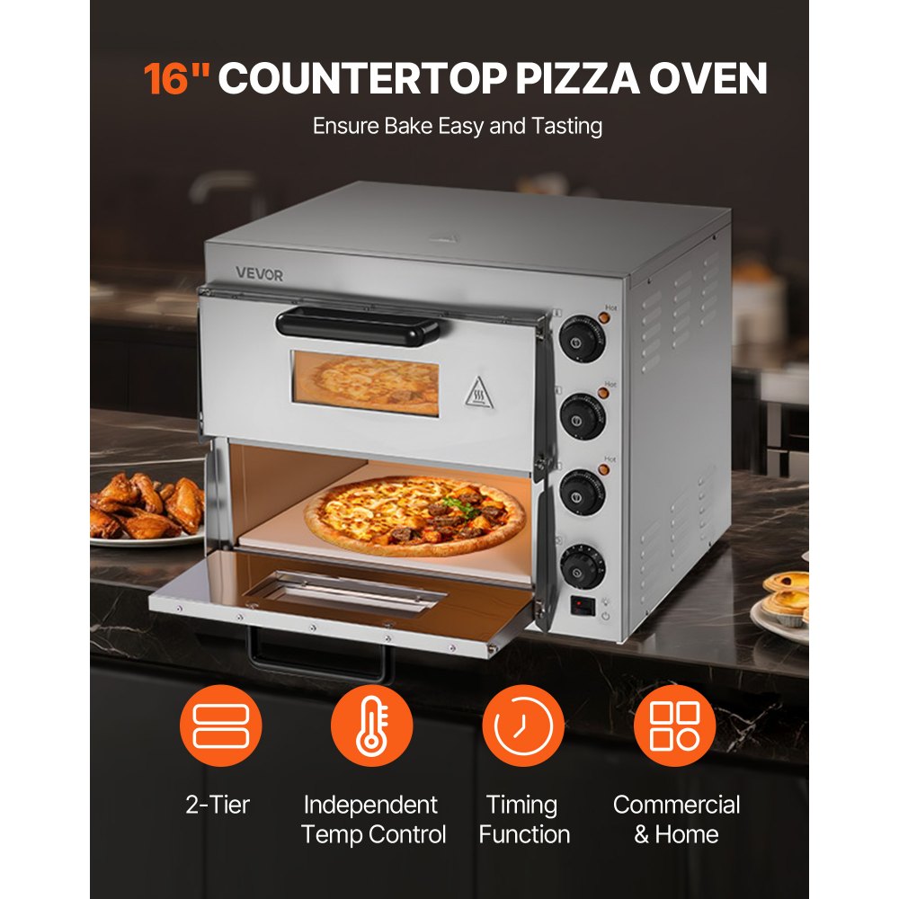 VEVOR Horno de Pizza Eléctrico de Encimera 40,64 cm 2700 W con Doble Capa Rango de Temperatura Ajustable de 50 - 350 °C Construcción de Acero Inoxidable con Piedra y Asa para Restaurante, Hogar