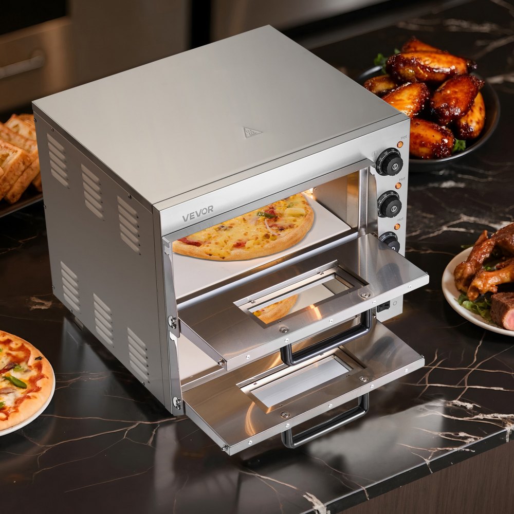 VEVOR Horno de Pizza Eléctrico de Encimera 40,64 cm 2700 W con Doble Capa Rango de Temperatura Ajustable de 50 - 350 °C Construcción de Acero Inoxidable con Piedra y Asa para Restaurante, Hogar