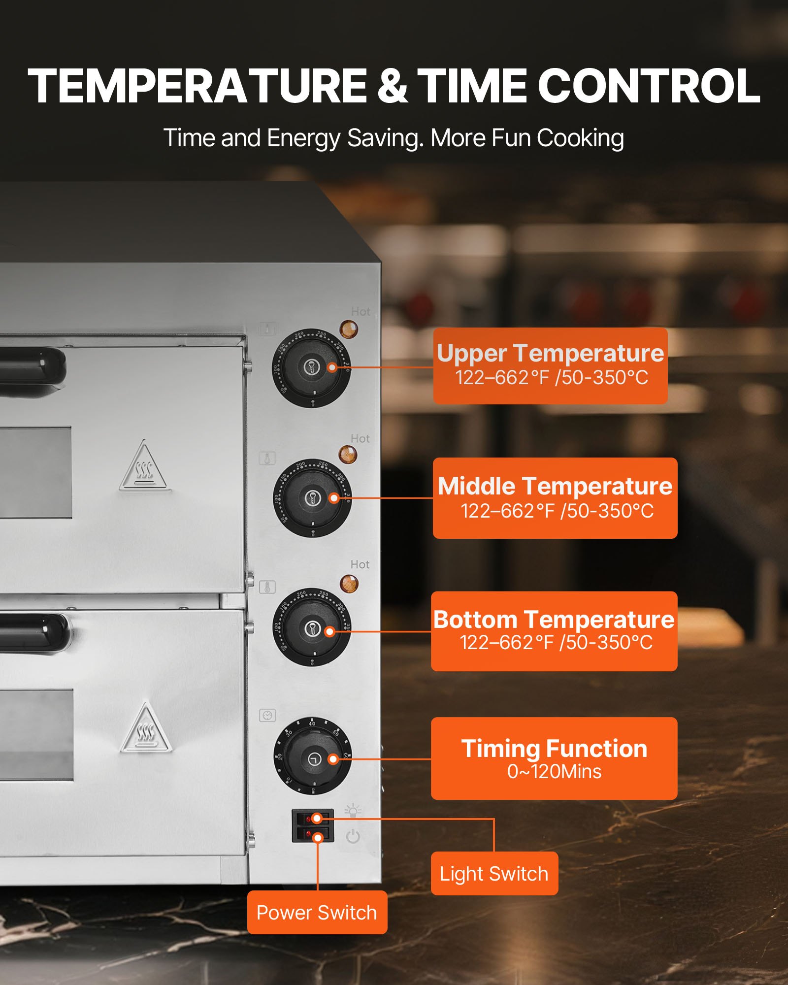 VEVOR Horno de Pizza Eléctrico de Encimera 40,64 cm 2700 W con Doble Capa Rango de Temperatura Ajustable de 50 - 350 °C Construcción de Acero Inoxidable con Piedra y Asa para Restaurante, Hogar