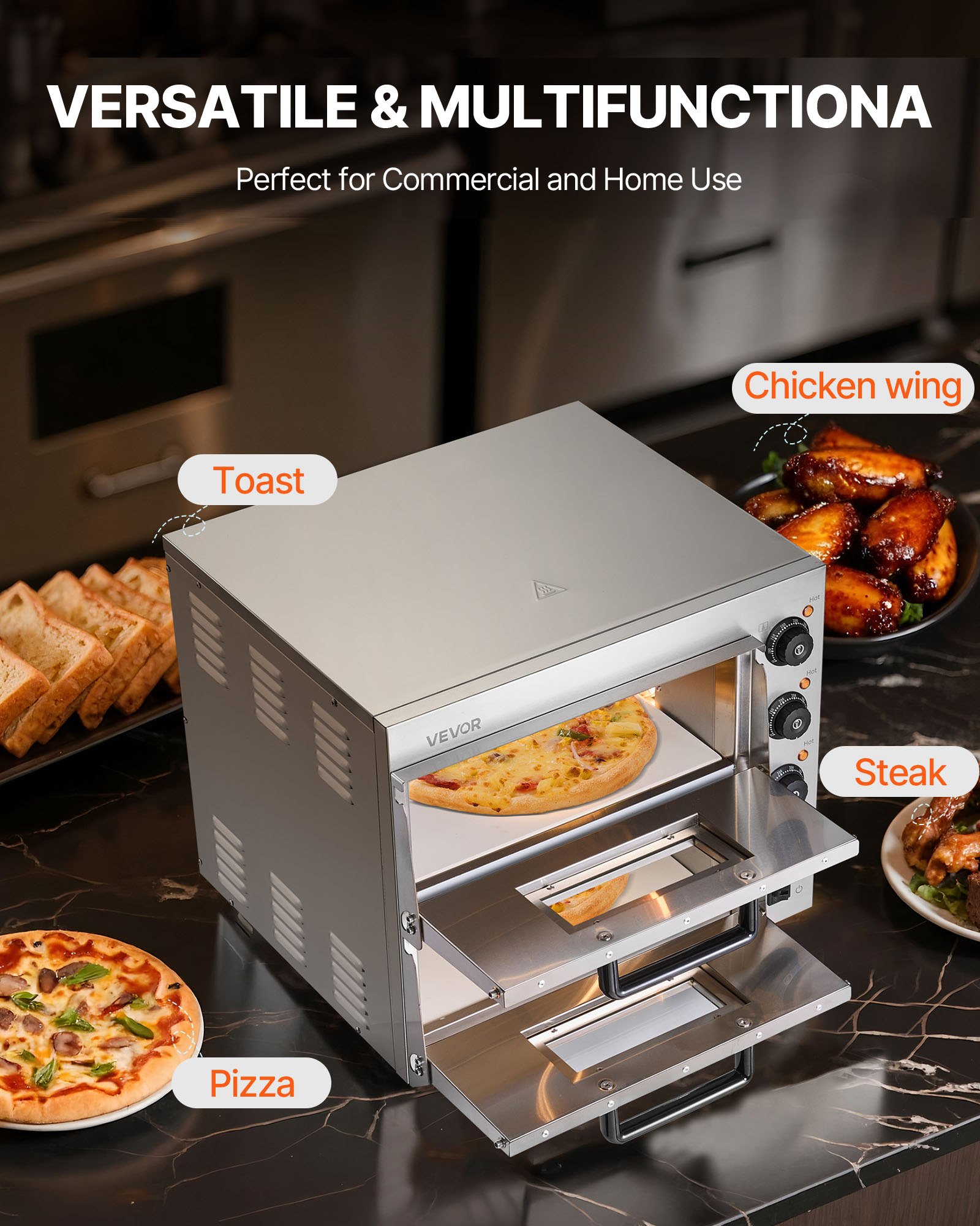 VEVOR Horno de Pizza Eléctrico de Encimera 40,64 cm 2700 W con Doble Capa Rango de Temperatura Ajustable de 50 - 350 °C Construcción de Acero Inoxidable con Piedra y Asa para Restaurante, Hogar