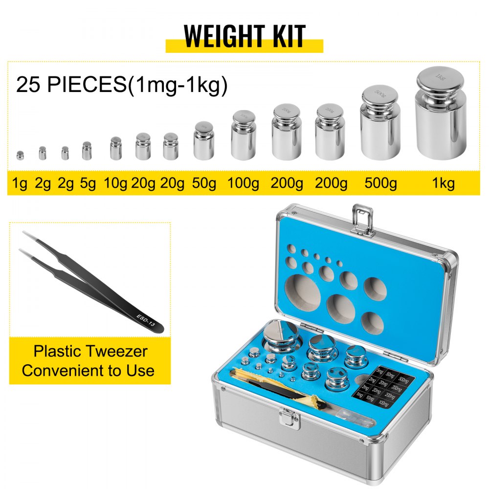 Conjunto De Peso De Calibración 25pcs 1mg-1kg Acero Inoxidable Pinzas Bolsillo