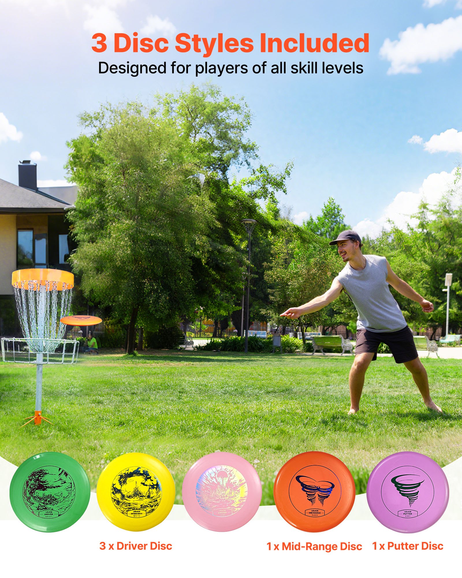 VEVOR Juego de 5 Piezas para Principiantes de Disco Golf para Entrenamiento de Fuerza Corporal Completo, con Putter, Driver de Rango Medio y Mini Marcador, para Jardín, Césped, Playa y Exteriores
