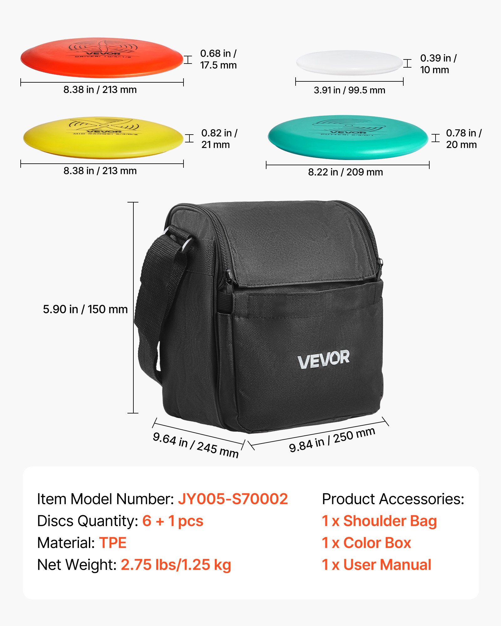 VEVOR Juego de Disco Golf 6 + 1 Piezas para Principiantes, Incluye Putter, Driver de Gama Media, Mini Marcador y Mochila Portátil, TPE, Ideal para Jardín, Césped, Playa y Parque al Aire Libre