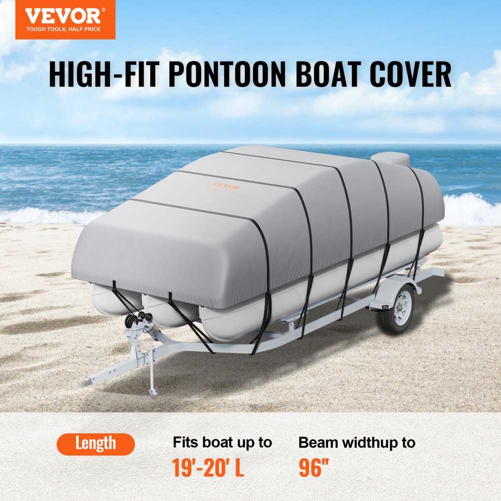 VEVOR Pontoon Boat Cover, 579-609 cm Waterproof, Trailerable Pontoon Cover, 800D Marine Grade PU Oxford Fabric, with Engine Cover, 16 Windproof Buckle Straps
