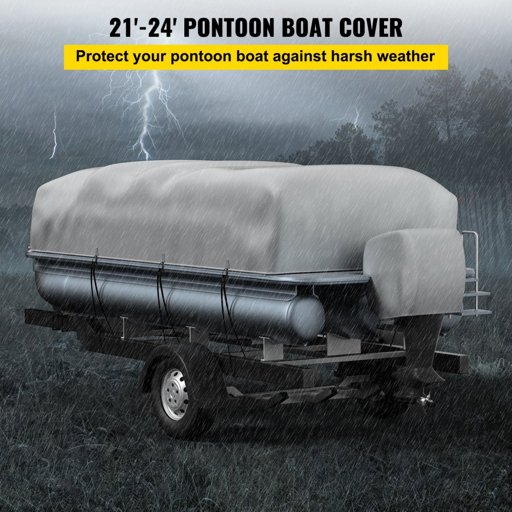 Funda para pontón VEVOR que protege un pontón de la lluvia y los rayos en un paisaje tormentoso.