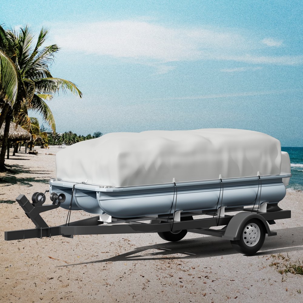VEVOR Fundas para Barco de 21-24 Pies Cubierta del Barco Tela Oxford 600D Cubierta de Barco Impermeable 7,4 x 3,6 m Cubiertas de pontón Exterior de Poste 137 cm Cubierta Protectora del Motor 2 Postes