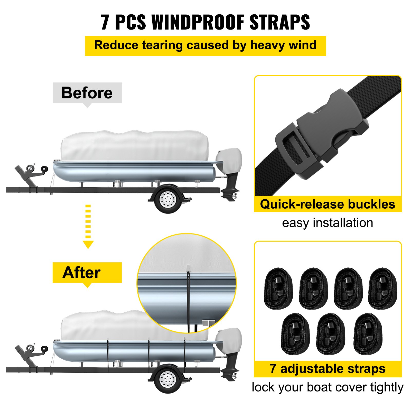 Funda para pontón VEVOR con 7 correas a prueba de viento y hebillas de liberación rápida para una fácil instalación.