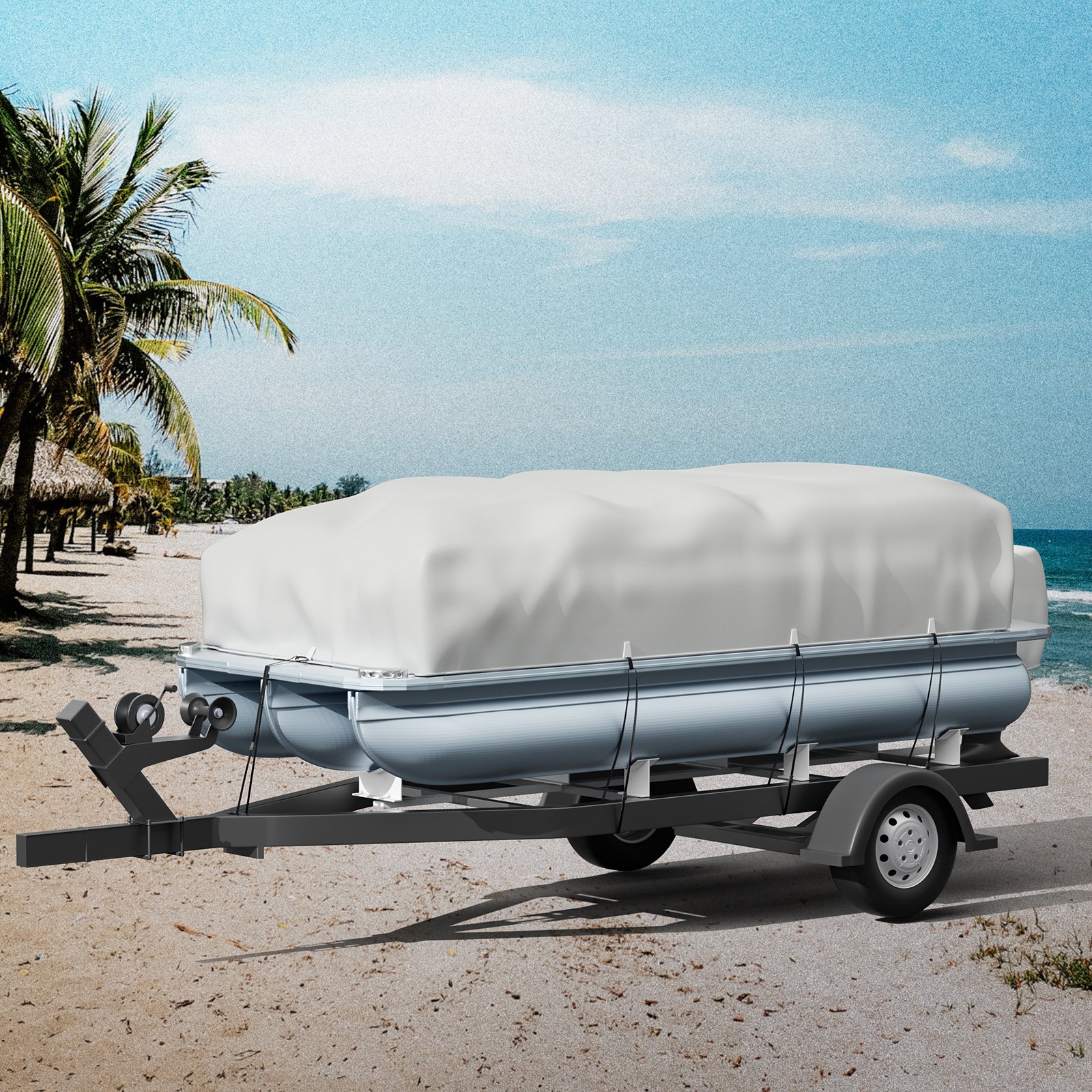 VEVOR Fundas para Barco de 21-24 Pies Cubierta del Barco Tela Oxford 600D Cubierta de Barco Impermeable 7,4 x 3,6 m Cubiertas de pontón Exterior de Poste 137 cm Cubierta Protectora del Motor 2 Postes