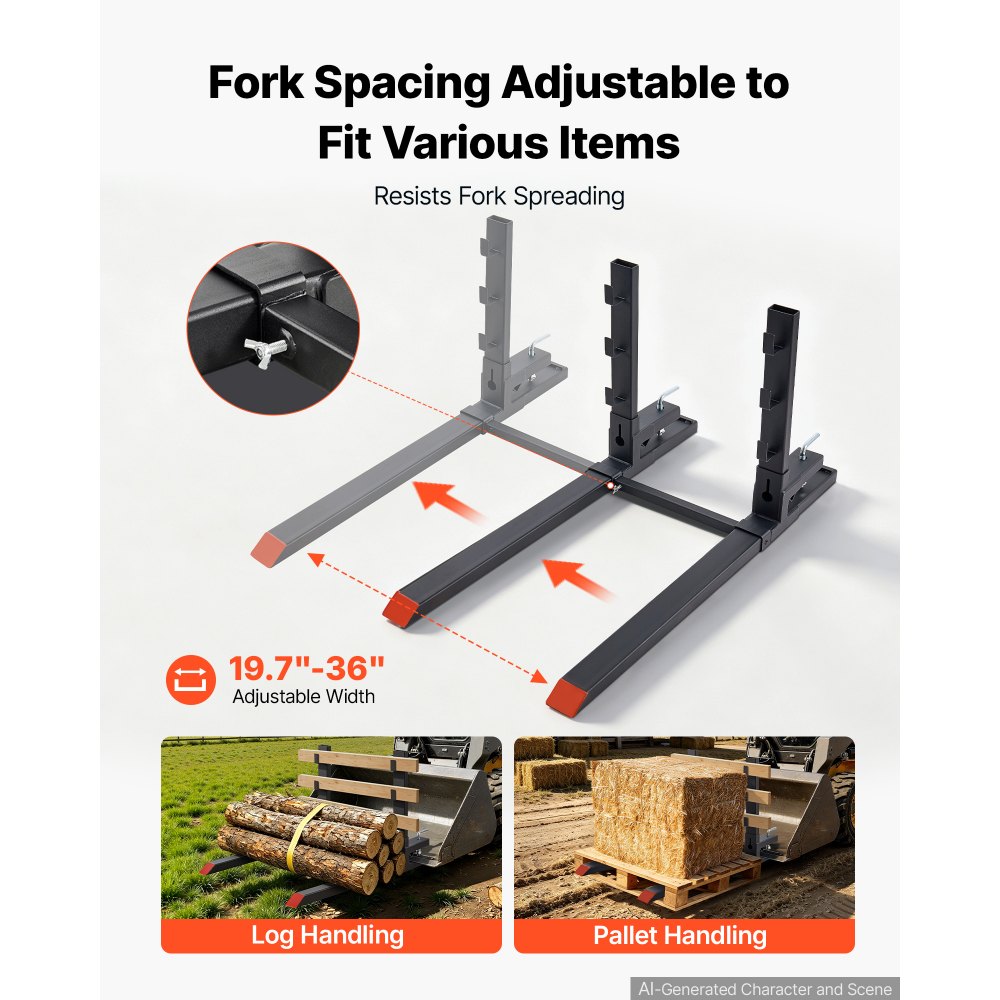 VEVOR Horquillas para Palés de 1814 kg, 1524 mm, Horquillas para Cargadora con Barra Antivuelco, Guía Triangular, Fijación de 2 Puntos y Barra Ajustable 500 a 915 mm para Tractor y Minicargadora