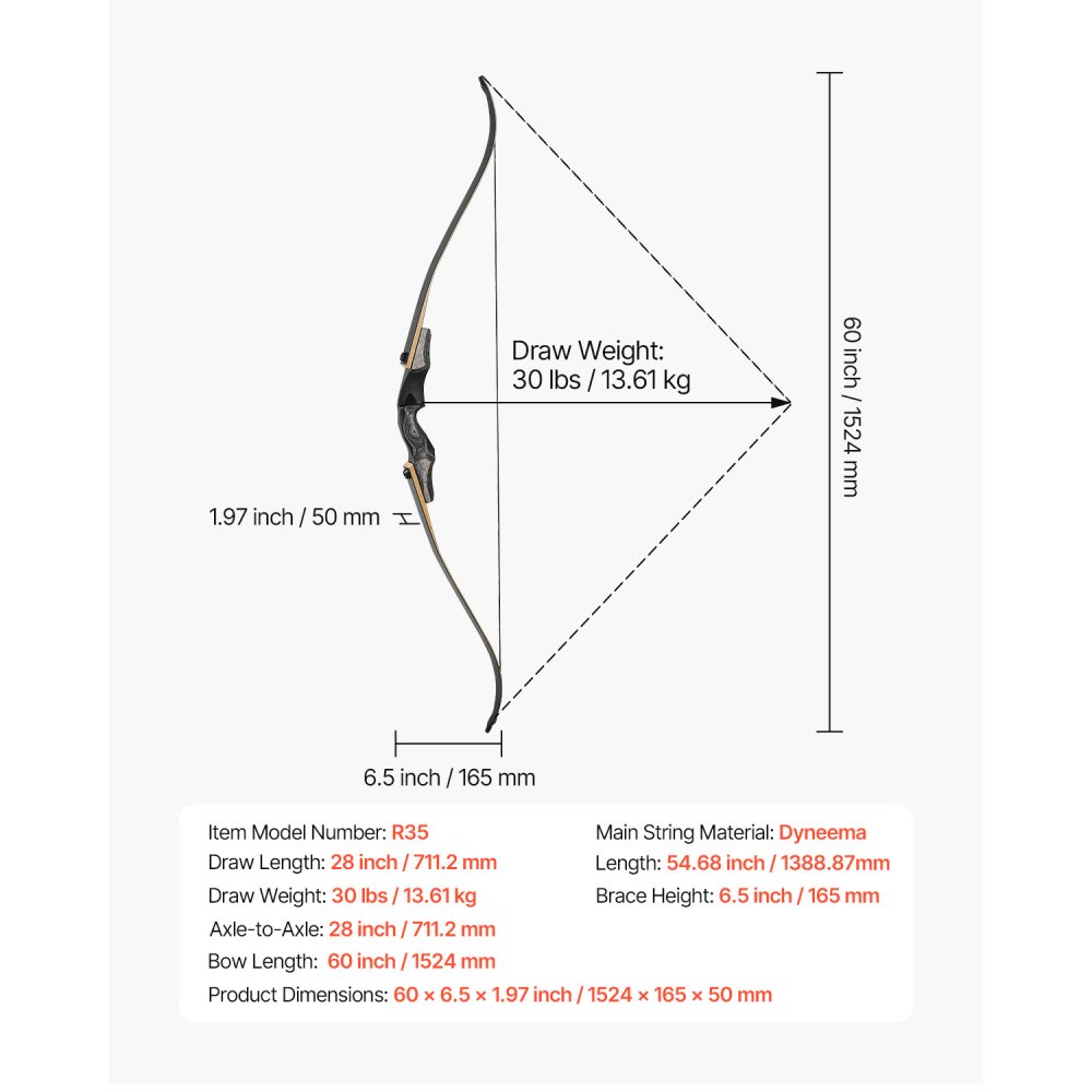 VEVOR Recurve Bow & Arrows Set (1524 mm), Wooden Takedown Bows, Right-Handed Ergonomic Recurve Bow Package, Longbow for Outdoor Target Training, Beginner to Advanced Archers, 13.61 kg