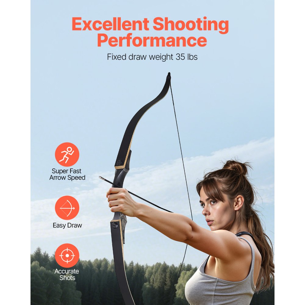 VEVOR Kit de Arco y Flechas Recurvos Desmontables de Madera, para Entrenamiento de Tiro al Aire Libre, Práctica de Caza, de Principiante a Avanzado, 1524 x 165 x 50 mm, Peso de Tiro 15,88 kg