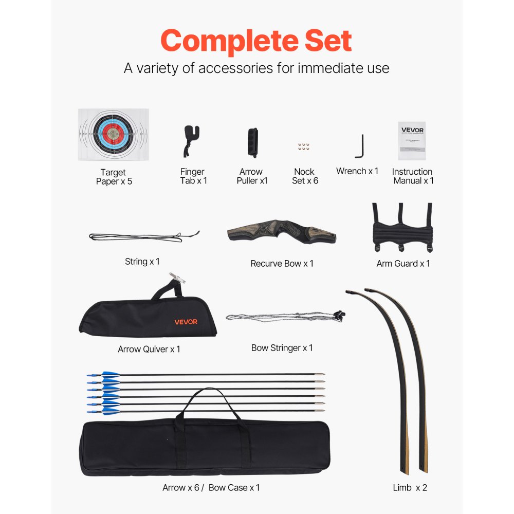 VEVOR Kit de Arco y Flechas Recurvos Desmontables de Madera, para Entrenamiento de Tiro al Aire Libre, Práctica de Caza, de Principiante a Avanzado, 1524 x 165 x 50 mm, Peso de Tiro 15,88 kg