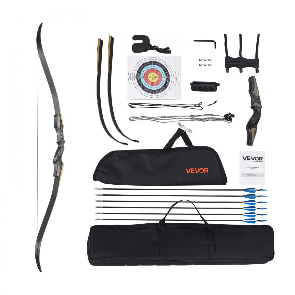 VEVOR Kit de Arco y Flechas Recurvos Desmontables de Madera, para Entrenamiento de Tiro al Aire Libre, Práctica de Caza, de Principiante a Avanzado, 1524 x 165 x 50 mm, Peso de Tiro 15,88 kg