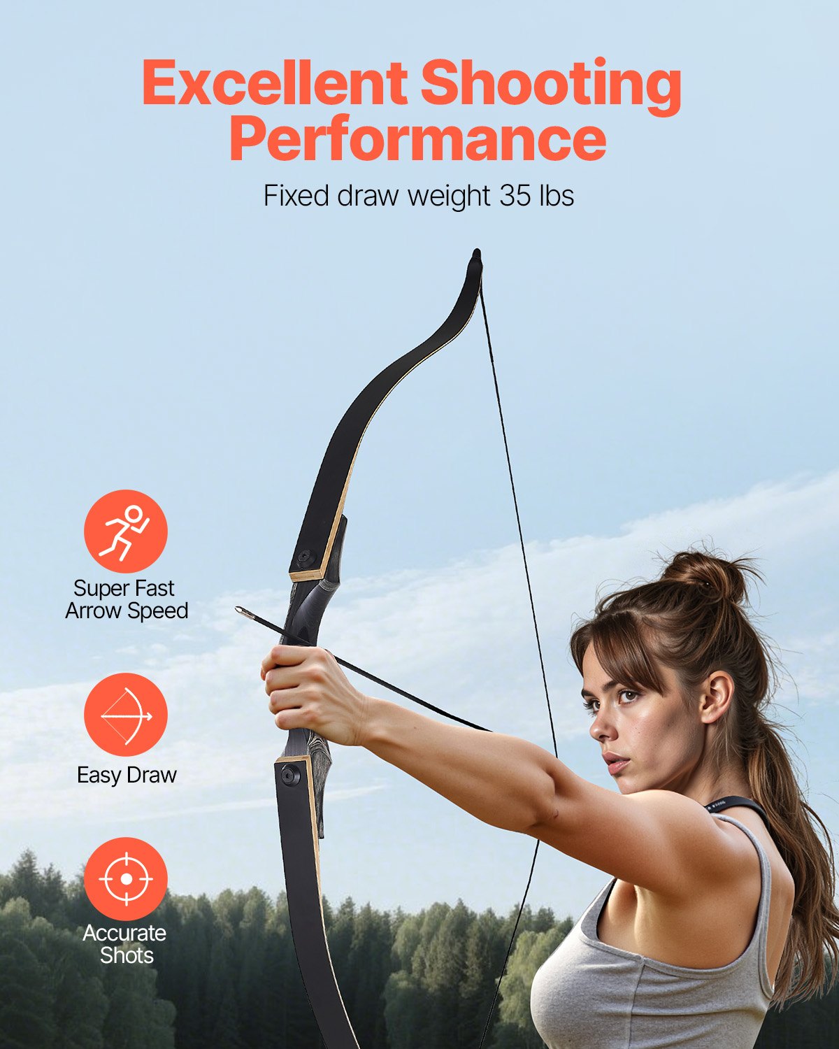 VEVOR Kit de Arco y Flechas Recurvos Desmontables de Madera, para Entrenamiento de Tiro al Aire Libre, Práctica de Caza, de Principiante a Avanzado, 1524 x 165 x 50 mm, Peso de Tiro 15,88 kg
