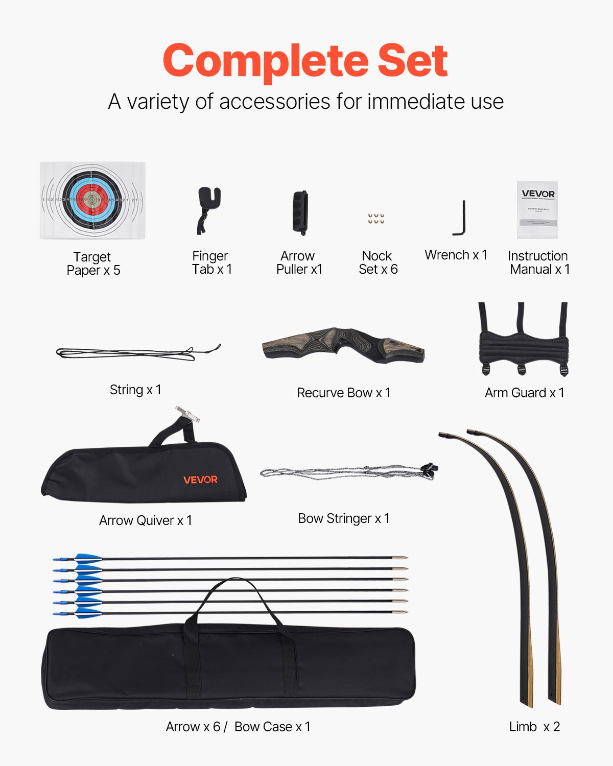 VEVOR Kit de Arco y Flechas Recurvos Desmontables de Madera, para Entrenamiento de Tiro al Aire Libre, Práctica de Caza, de Principiante a Avanzado, 1524 x 165 x 50 mm, Peso de Tiro 15,88 kg