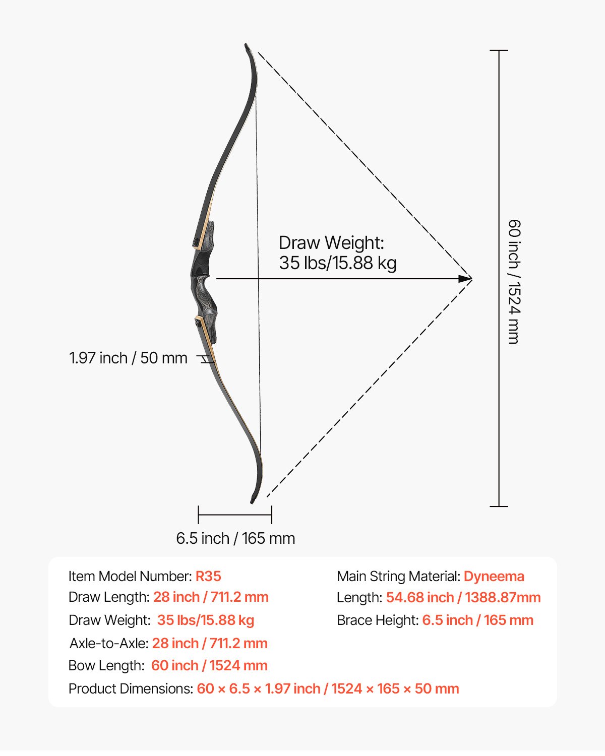 VEVOR Kit de Arco y Flechas Recurvos Desmontables de Madera, para Entrenamiento de Tiro al Aire Libre, Práctica de Caza, de Principiante a Avanzado, 1524 x 165 x 50 mm, Peso de Tiro 15,88 kg