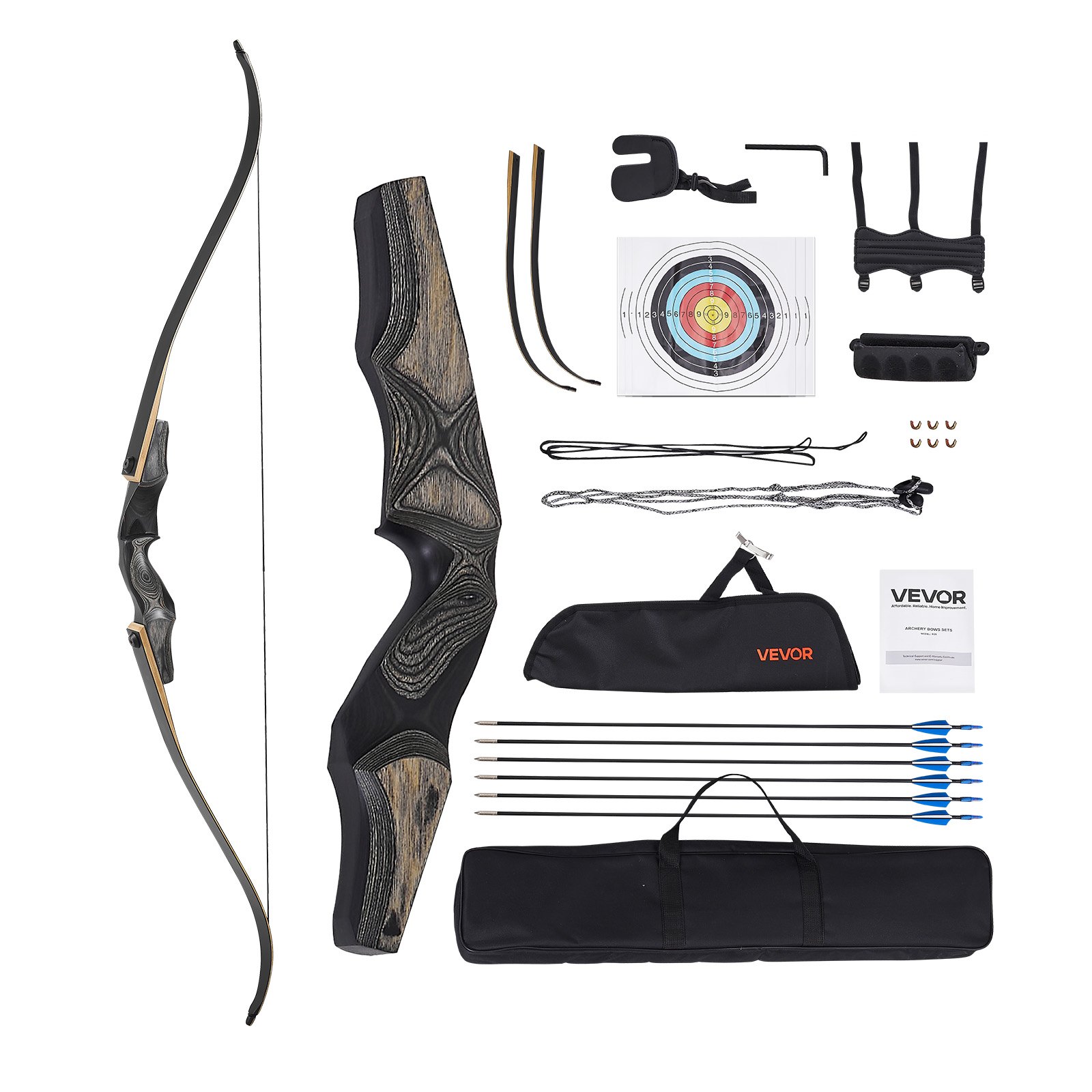 VEVOR Kit de Arco y Flechas Recurvos Desmontables de Madera, para Entrenamiento de Tiro al Aire Libre, Práctica de Caza, de Principiante a Avanzado, 1524 x 165 x 50 mm, Peso de Tiro 15,88 kg