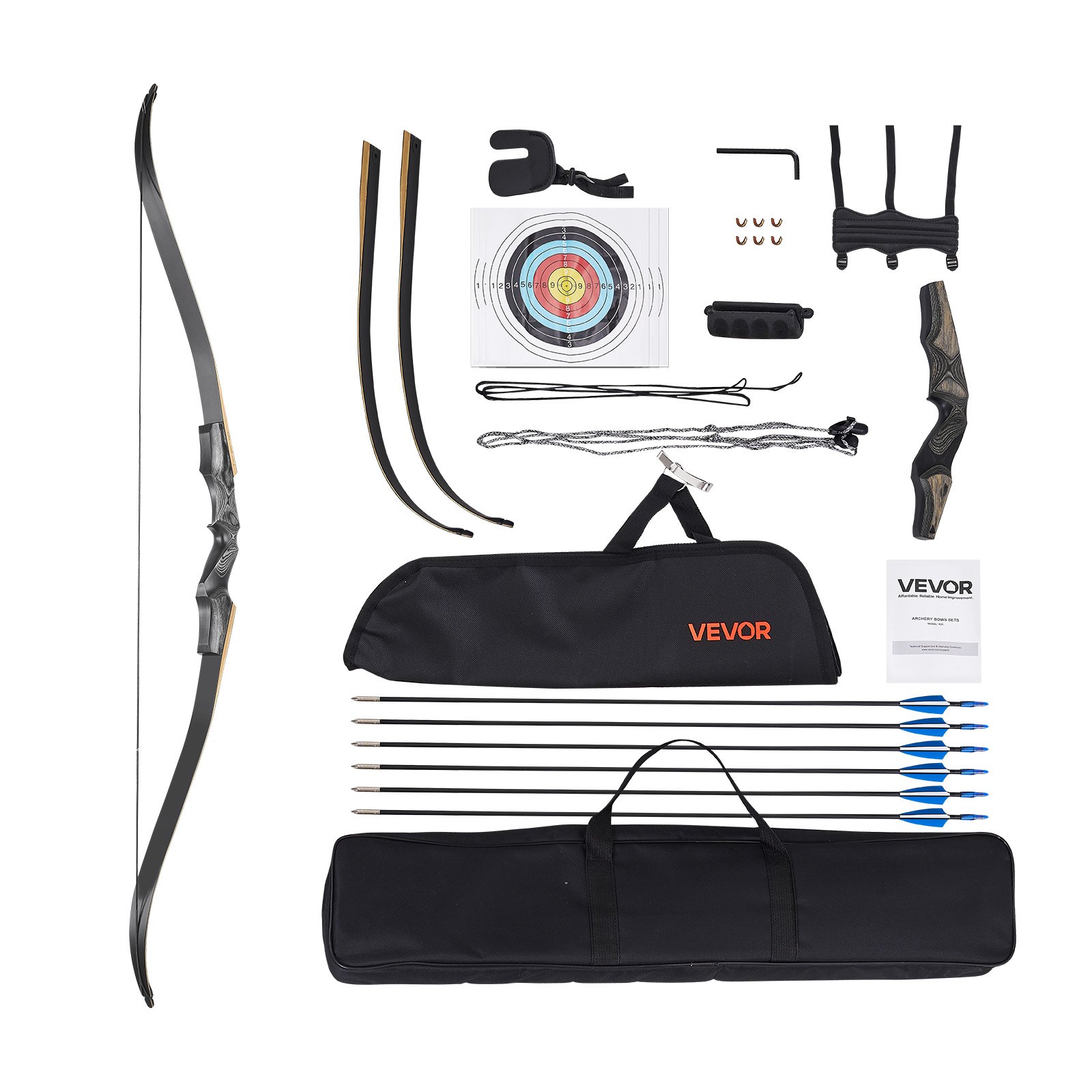 VEVOR Kit de Arco y Flechas Recurvos Desmontables de Madera, para Entrenamiento de Tiro al Aire Libre, Práctica de Caza, de Principiante a Avanzado, 1524 x 165 x 50 mm, Peso de Tiro 15,88 kg