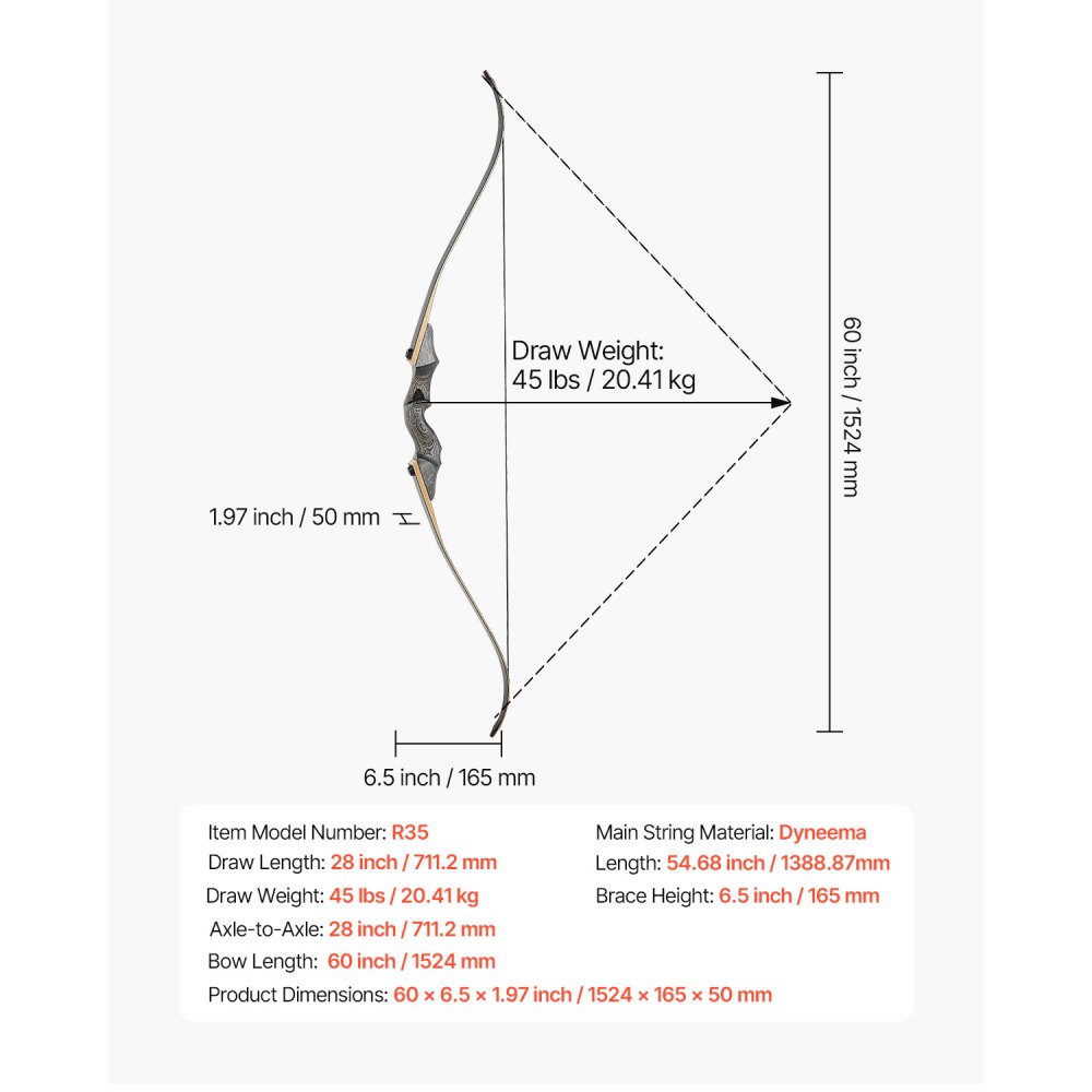 VEVOR Recurve Bow & Arrows Set (1524 mm) Takedown Bows Made of Wood, Right-Handed Ergonomic Recurve Bow Package, Longbow for Outdoor Target Training, Beginner to Advanced Archers, 20.41 kg