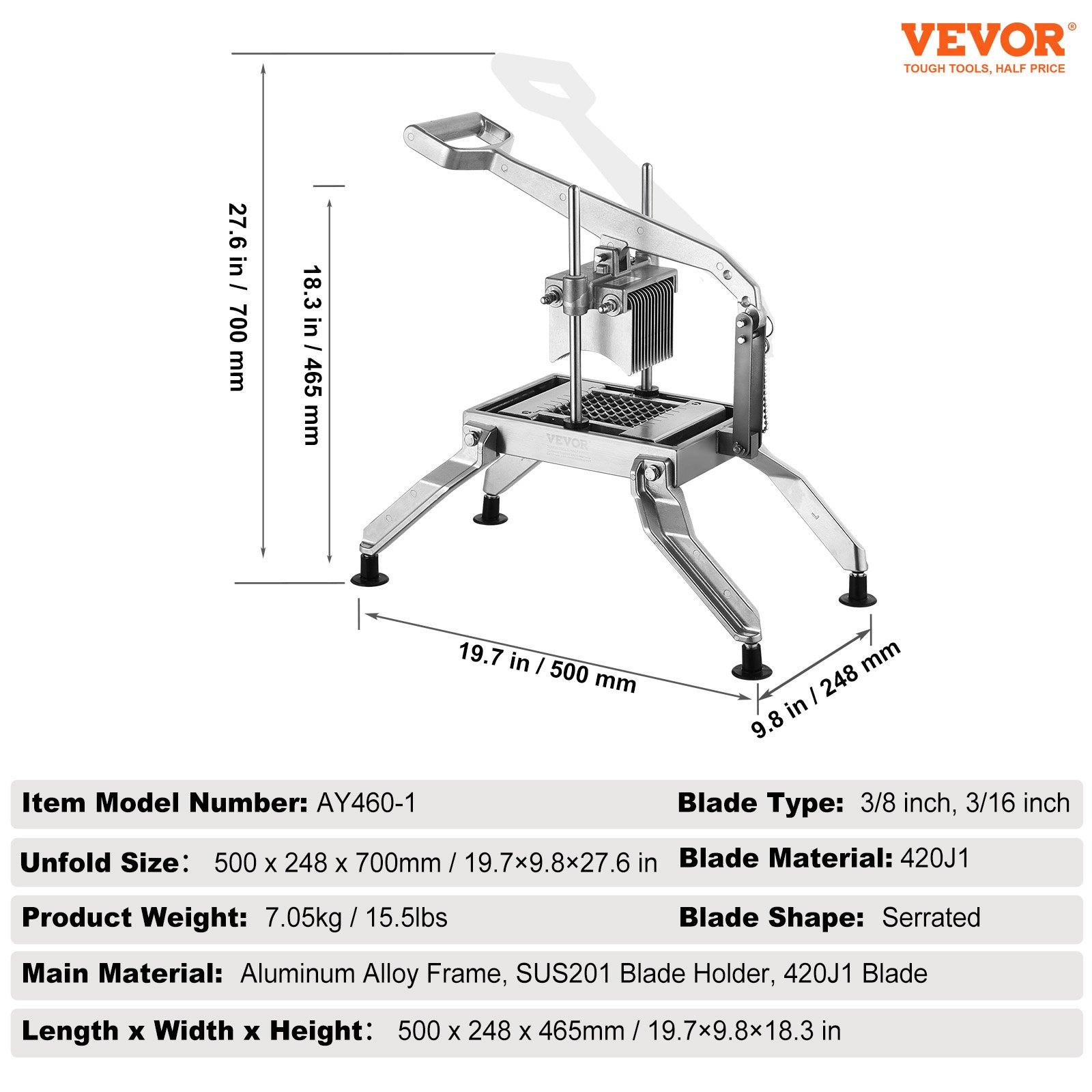 VEVOR Cortador de Verduras Comercial Hoja de 3/8"+3/16" Cortadora de verduras Manual de Acero Inoxidable Cortador de Tomate con Pies Antideslizantes para Cocinas, Restaurantes, Hamburgueserías, Bares