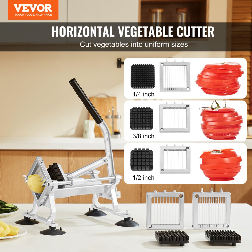 VEVOR Cortador de Verduras Comercial Hoja de 1/4"+3/8"+1/2" Cortadora de Tomate Manual de Acero Inoxidable Cortador de Frutas con Pies Antideslizantes para Cocinas, Restaurantes, Hamburgueserías