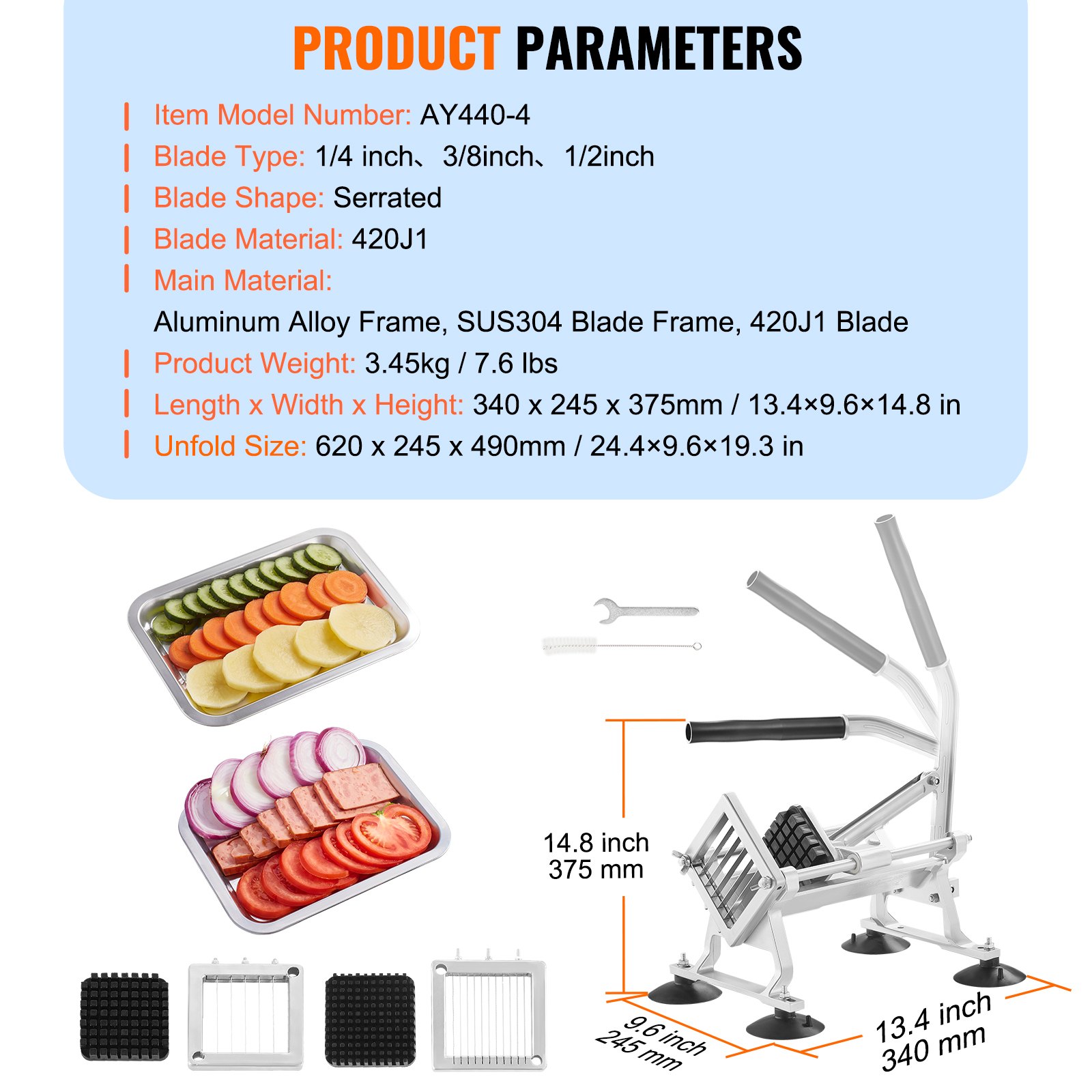 VEVOR Cortador de Verduras Comercial Hoja de 1/4"+3/8"+1/2" Cortadora de Tomate Manual de Acero Inoxidable Cortador de Frutas con Pies Antideslizantes para Cocinas, Restaurantes, Hamburgueserías