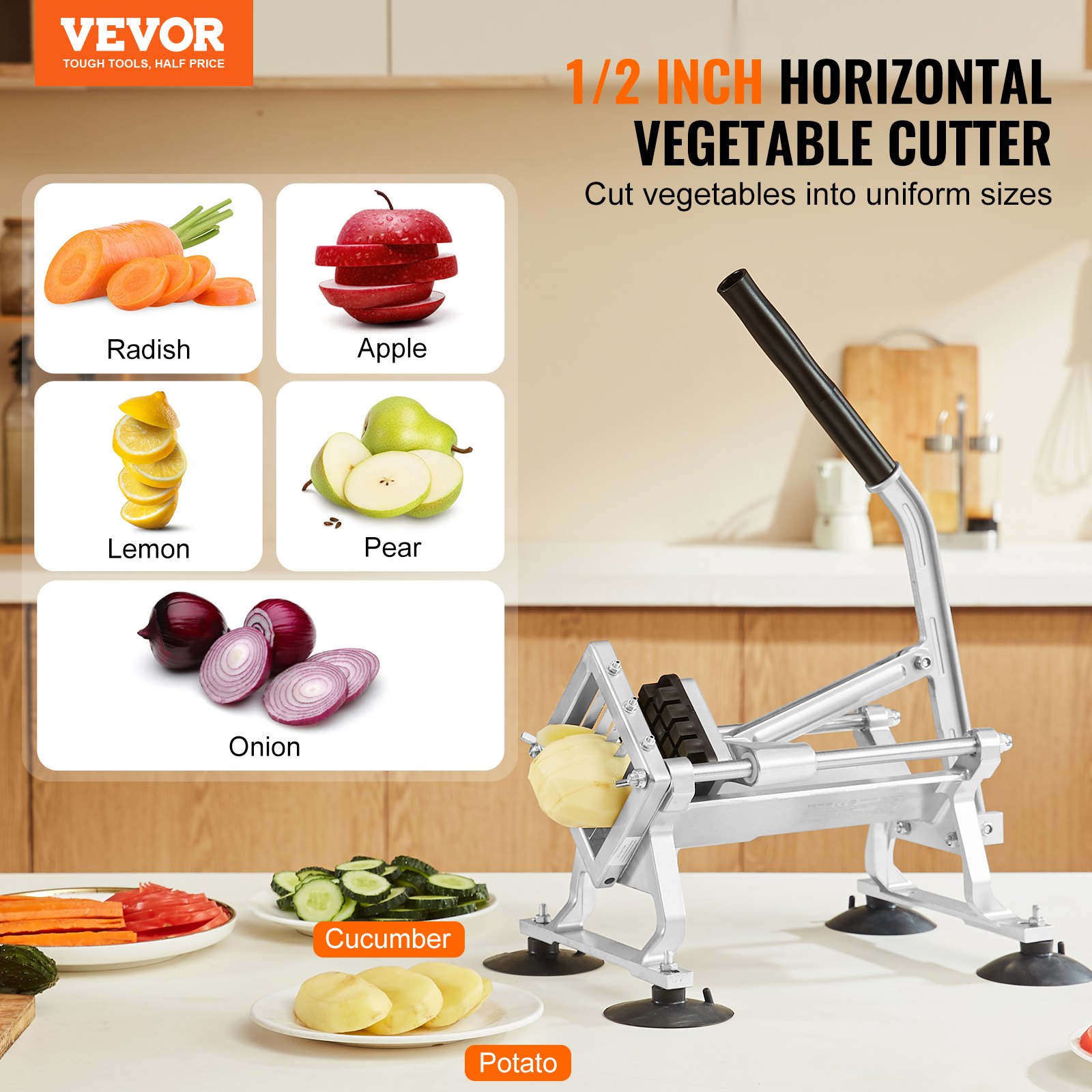 VEVOR Cortador de Verduras Comercial 1/2"/12,7 mm de Acero Inoxidable Cortadora de Tomate Manual Marco de Aleación de Aluminio con Pies Antideslizantes para Cocinas, Restaurantes, Hamburgueserías