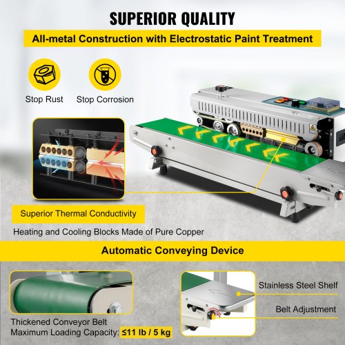 VEVOR Máquina de Sellado Continuo Automático FR-900, 500 W 0-12 m/min 220 V Selladora de Banda 86x45x33 cm Selladora Automática Horizontal para Sellar Bolsas de Plástico/Papel de Aluminio/Compuestas