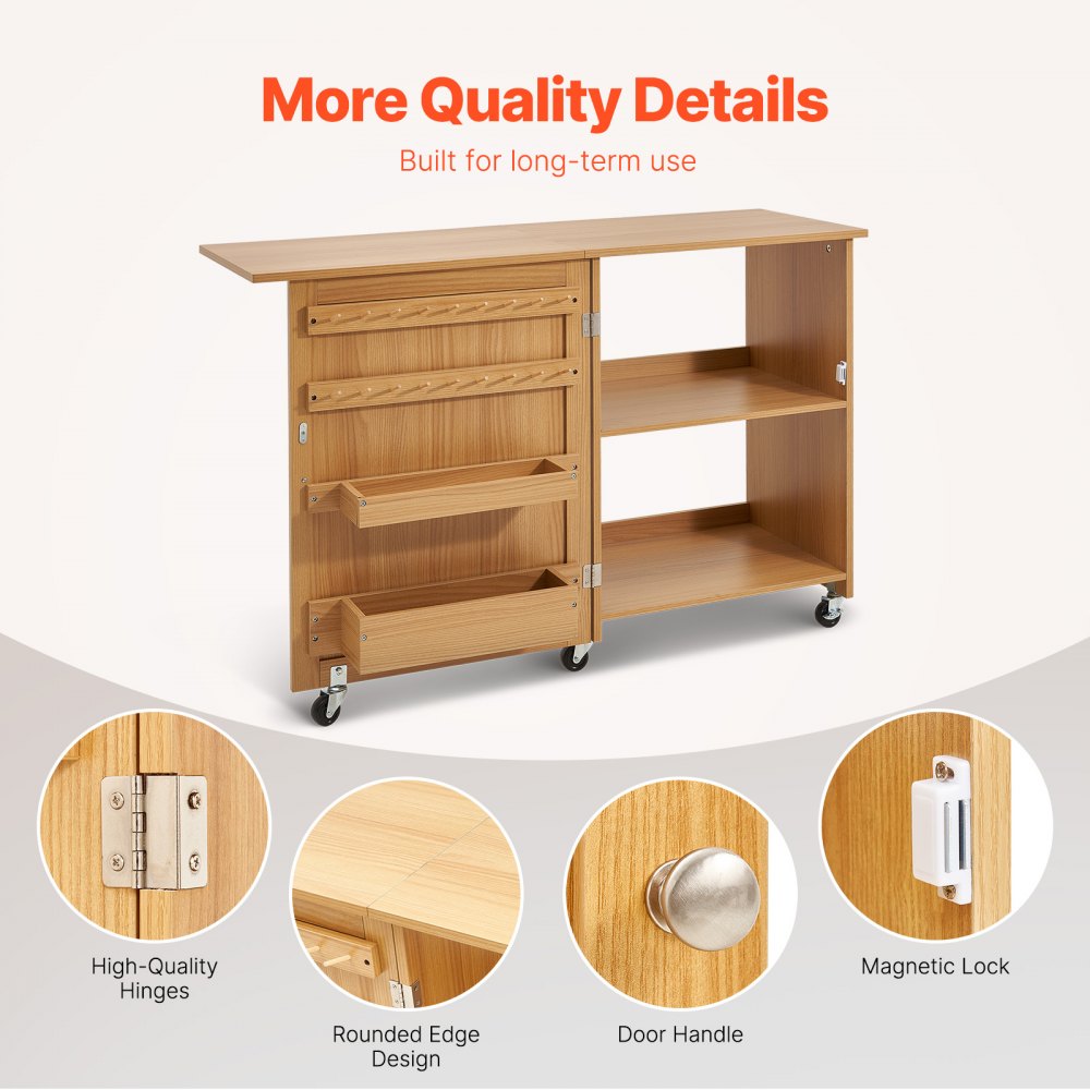VEVOR Mesa de Costura Plegable Mesa Multiusos para Máquina de Coser con Diseño Compacto, Ruedas Bloqueables, Estantes, Bandejas de Almacenamiento, Clavijas de Madera y Puertas Magnéticas, Color Madera