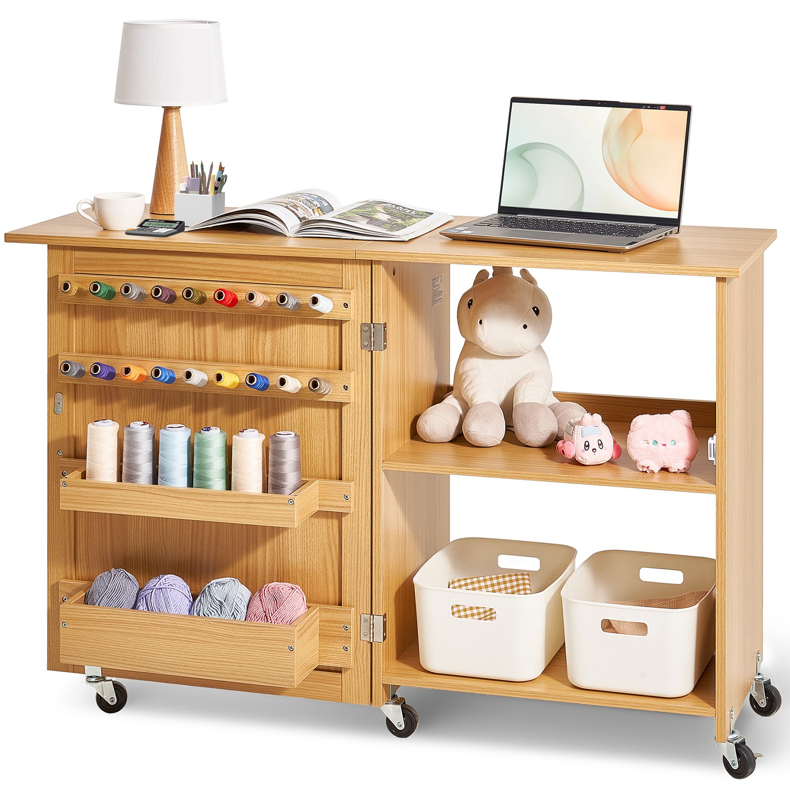VEVOR Folding Sewing Table, Multi-Purpose Sewing Machine Table with Wheels, Shelves, Storage Compartments, Wooden Pegs, and Magnetic Doors, Sewing Machine, Wood Color, Foldable (1170 x 400 x 778 mm)
