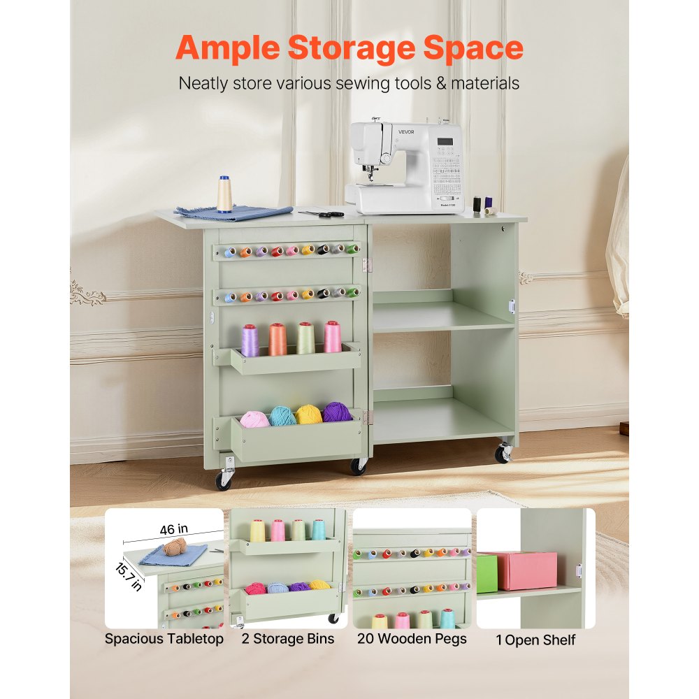 VEVOR Mesa de Costura Plegable, con Diseño Compacto, Compartimentos de Almacenamiento, Abrazaderas de Madera y Cierre Magnético, para Estudio de Moda, Estudio de Arte y Hogar, Color Verde Claro