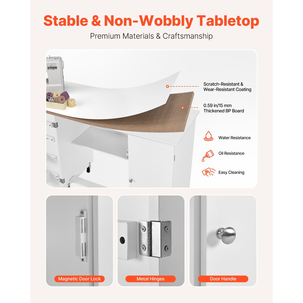 VEVOR Mesa de Costura con Ruedas, Estructura de Madera, Compartimentos de Almacenamiento y Puerta Magnética, Capacidad de Carga 40 kg, Ideal para Estación de Manualidades y Mesa Auxiliar, Blanco