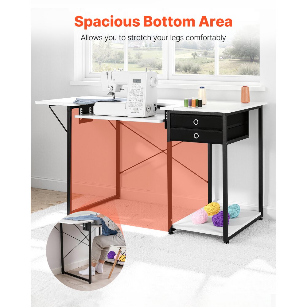 VEVOR Mesa de Costura con Tablero Plegable, Estante Ajustable, Patas de Acero y Cajón, para Ordenador, Estudio de Moda, Estudio de Arte, Institución Educativa, 1395 x 600 x 760 mm, Blanco y Negro