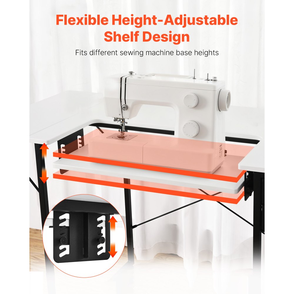 VEVOR Mesa de Costura con Tablero Plegable, Estante Ajustable y Patas de Acero, Multiusos, para Estudio de Moda en Casa, Estudio de Arte, Institución Educativa, Color Blanco, 1045 x 600 x 760 mm