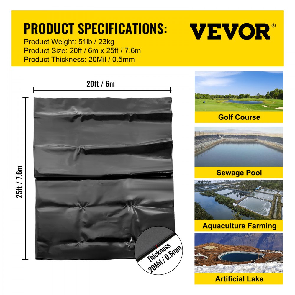VEVOR Revestimiento para Estanques LLDPE 6x7,6m Revestimiento para Estanques Grosor de 0,5mm Capa Plegable Base de Membrana Fácil de Cortar para Estanques de Peces, Juegos Acuáticos, Cascadas, Fuentes