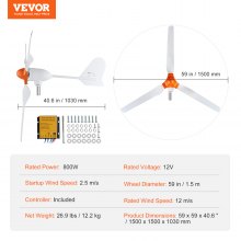 VEVOR Kit de Generador de Turbina Eólica 800 W 12 V 3 Palas Controlador MPPT Dirección del Viento Ajustable Velocidad de Arranque del Viento 2,5 m/s para Hogar, Granja, Vehículos Recreativos, Barcos