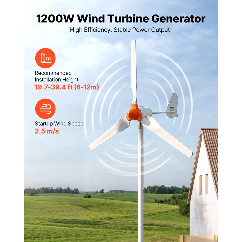 VEVOR Generador Eólico 24 V 1200 W Turbina Eólica de 3 Palas, Aerogenerador con Controlador Híbrido Eólico-Solar, Arranque de 2,5 m/s, Pantalla LCD para Panel Solar Barco Casa Autocaravana Granja
