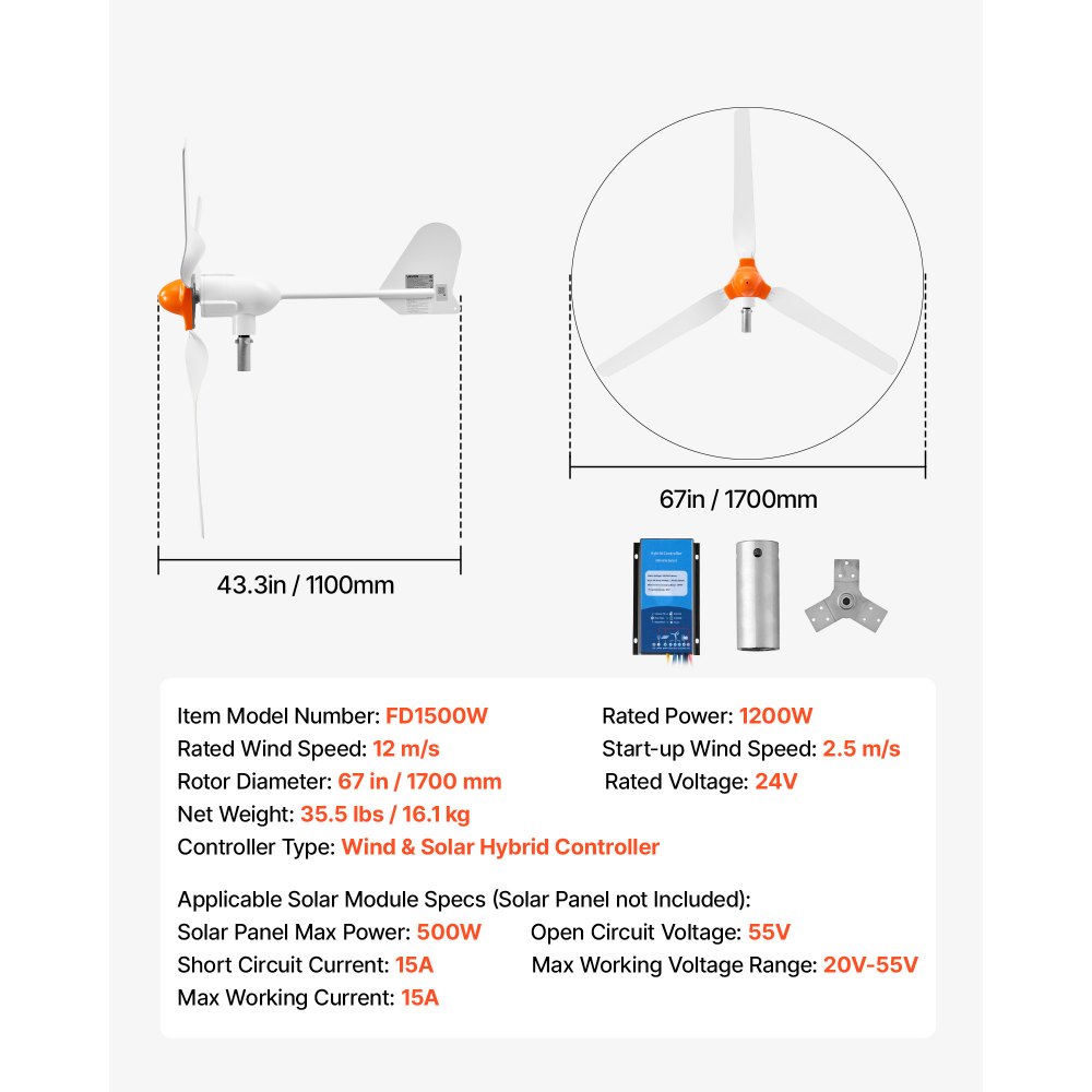 VEVOR Generador Eólico 24 V 1200 W Turbina Eólica de 3 Palas, Aerogenerador con Controlador Híbrido Eólico-Solar, Arranque de 2,5 m/s, Pantalla LCD para Panel Solar Barco Casa Autocaravana Granja