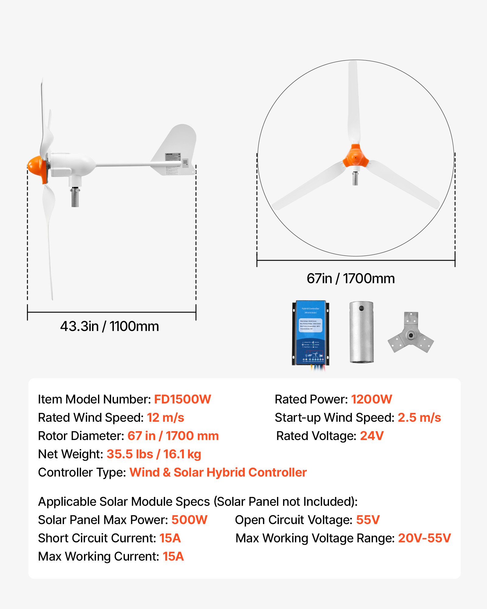 VEVOR Generador Eólico 24 V 1200 W Turbina Eólica de 3 Palas, Aerogenerador con Controlador Híbrido Eólico-Solar, Arranque de 2,5 m/s, Pantalla LCD para Panel Solar Barco Casa Autocaravana Granja