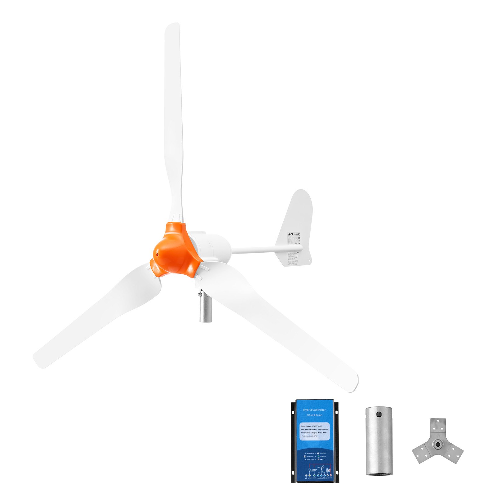 VEVOR Generador Eólico 24 V 1200 W Turbina Eólica de 3 Palas, Aerogenerador con Controlador Híbrido Eólico-Solar, Arranque de 2,5 m/s, Pantalla LCD para Panel Solar Barco Casa Autocaravana Granja