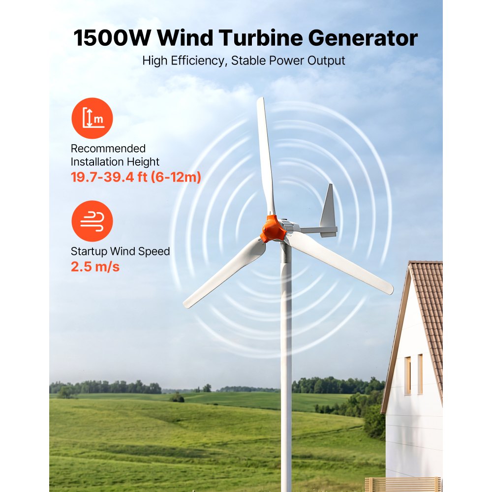 VEVOR Generador Eólico 24 V 1500 W Turbina Eólica de 3 Palas, Aerogenerador con Controlador Híbrido Eólico-Solar, Pantalla LCD, Arranque de 2,5 m/s, para Panel Solar Casa Autocaravana Granja Barco