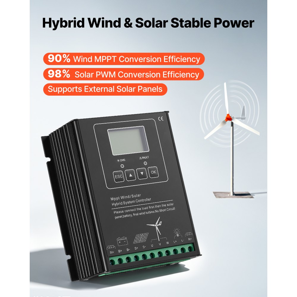 VEVOR Generador Eólico 24 V 1500 W Turbina Eólica de 3 Palas, Aerogenerador con Controlador Híbrido Eólico-Solar, Pantalla LCD, Arranque de 2,5 m/s, para Panel Solar Casa Autocaravana Granja Barco