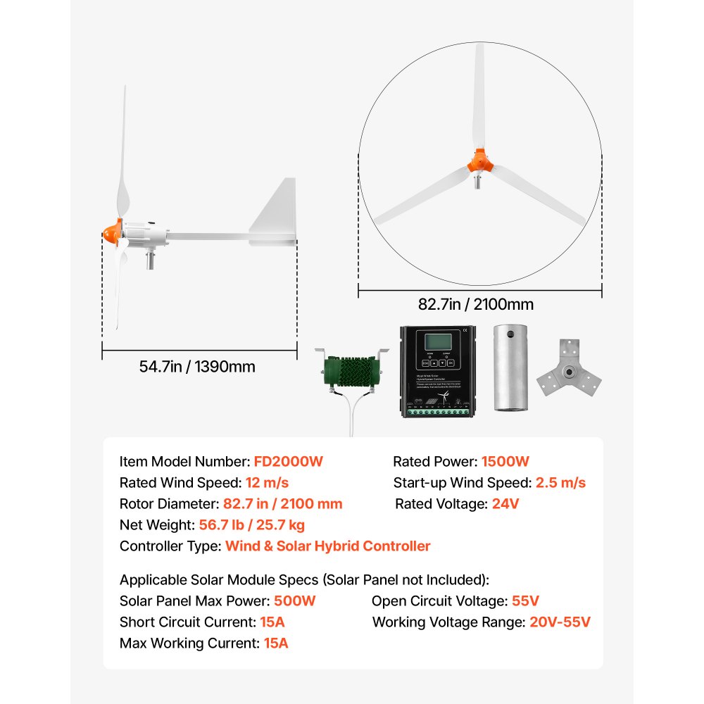 VEVOR Generador Eólico 24 V 1500 W Turbina Eólica de 3 Palas, Aerogenerador con Controlador Híbrido Eólico-Solar, Pantalla LCD, Arranque de 2,5 m/s, para Panel Solar Casa Autocaravana Granja Barco