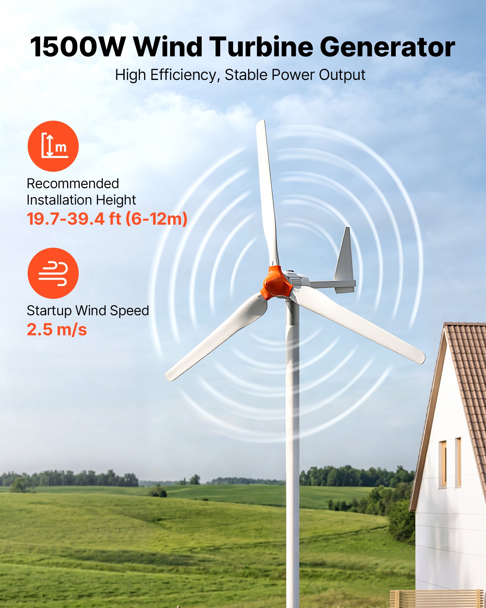VEVOR Generador Eólico 24 V 1500 W Turbina Eólica de 3 Palas, Aerogenerador con Controlador Híbrido Eólico-Solar, Pantalla LCD, Arranque de 2,5 m/s, para Panel Solar Casa Autocaravana Granja Barco