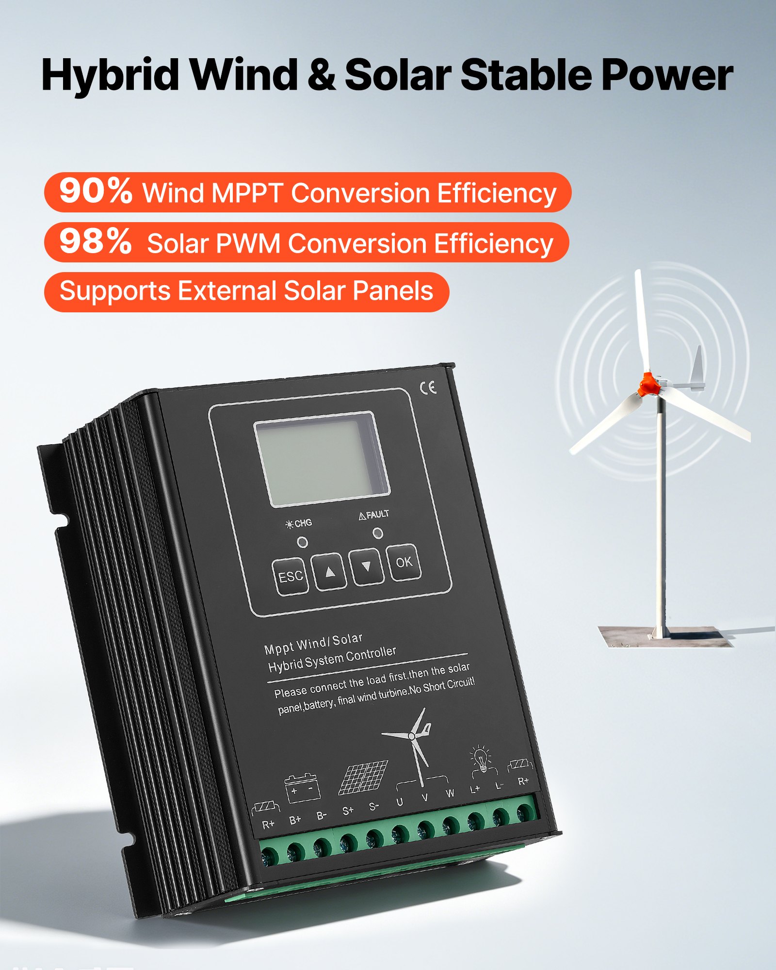 VEVOR Generador Eólico 24 V 1500 W Turbina Eólica de 3 Palas, Aerogenerador con Controlador Híbrido Eólico-Solar, Pantalla LCD, Arranque de 2,5 m/s, para Panel Solar Casa Autocaravana Granja Barco