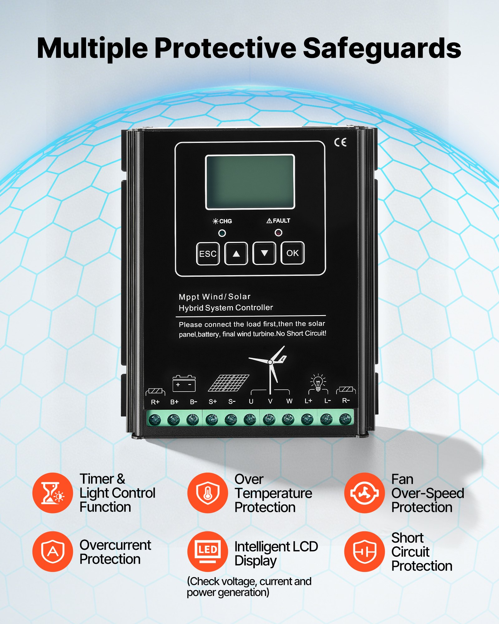 VEVOR Generador Eólico 24 V 1500 W Turbina Eólica de 3 Palas, Aerogenerador con Controlador Híbrido Eólico-Solar, Pantalla LCD, Arranque de 2,5 m/s, para Panel Solar Casa Autocaravana Granja Barco