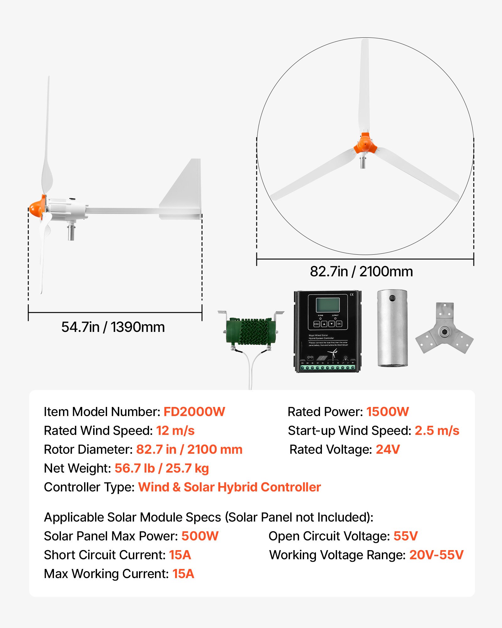 VEVOR Generador Eólico 24 V 1500 W Turbina Eólica de 3 Palas, Aerogenerador con Controlador Híbrido Eólico-Solar, Pantalla LCD, Arranque de 2,5 m/s, para Panel Solar Casa Autocaravana Granja Barco