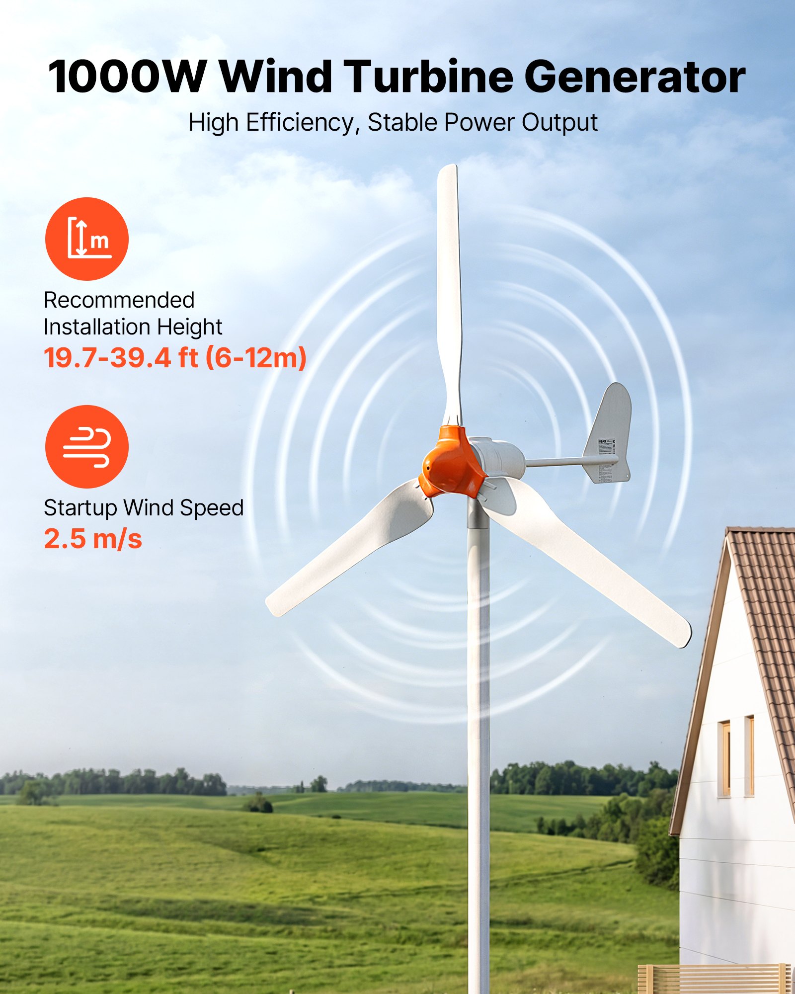 VEVOR Generador Eólico 12 V 1000 W Turbina Eólica de 3 Palas, Aerogenerador con Controlador Híbrido Eólico-Solar, Arranque de 2,5 m/s, Protección IP67, para Casa Granja Barco Autocaravana Panel Solar