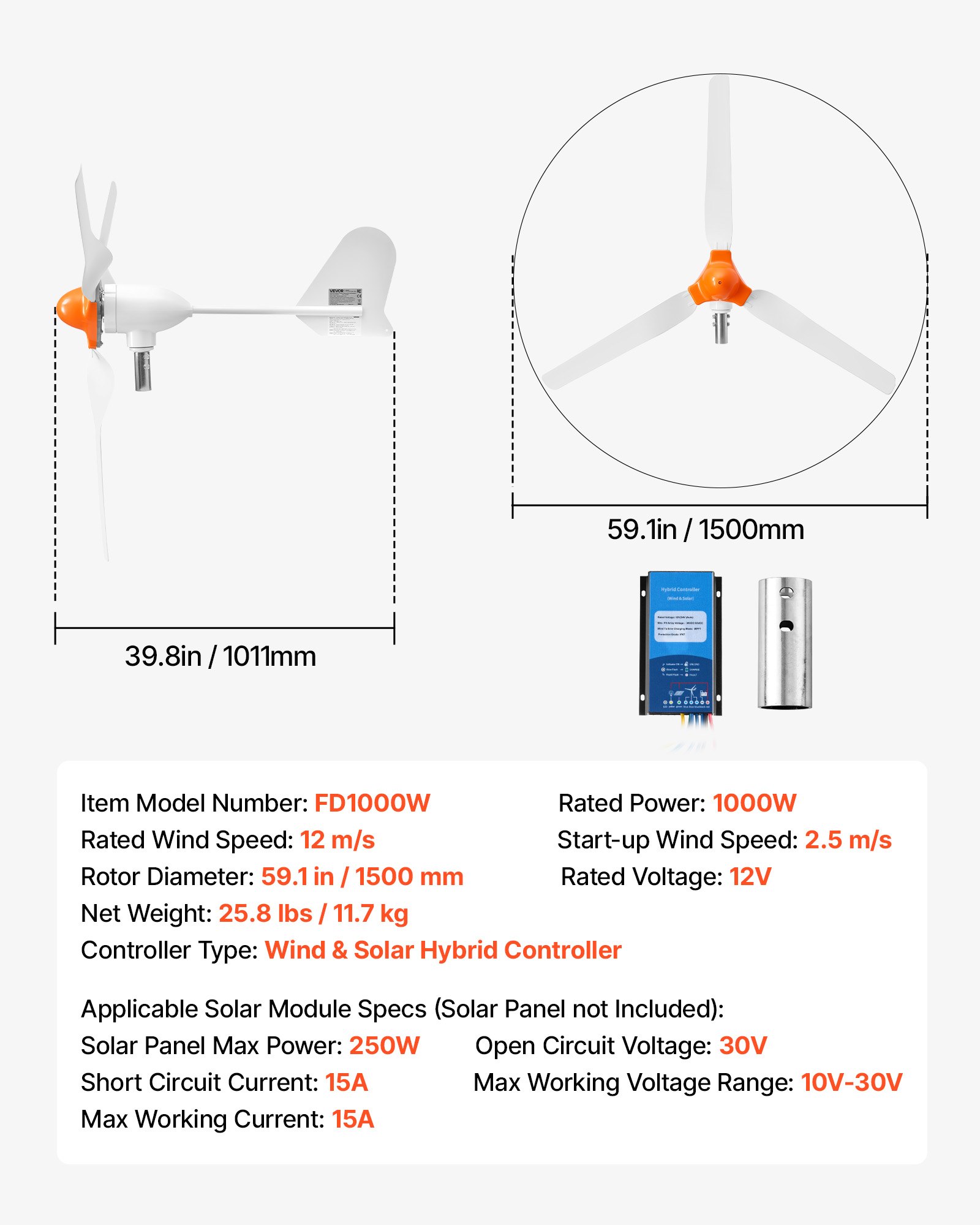 VEVOR Generador Eólico 12 V 1000 W Turbina Eólica de 3 Palas, Aerogenerador con Controlador Híbrido Eólico-Solar, Arranque de 2,5 m/s, Protección IP67, para Casa Granja Barco Autocaravana Panel Solar