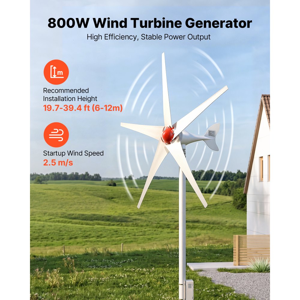 VEVOR Generador Eólico 12 V 800 W Turbina Eólica de 5 Palas con Controlador, MPPT, Aerogenerador con Arranque de 2,5 m/s, Protección IP67, Cuerpo de Aluminio para Casa, Granja, Barco y Autocaravana